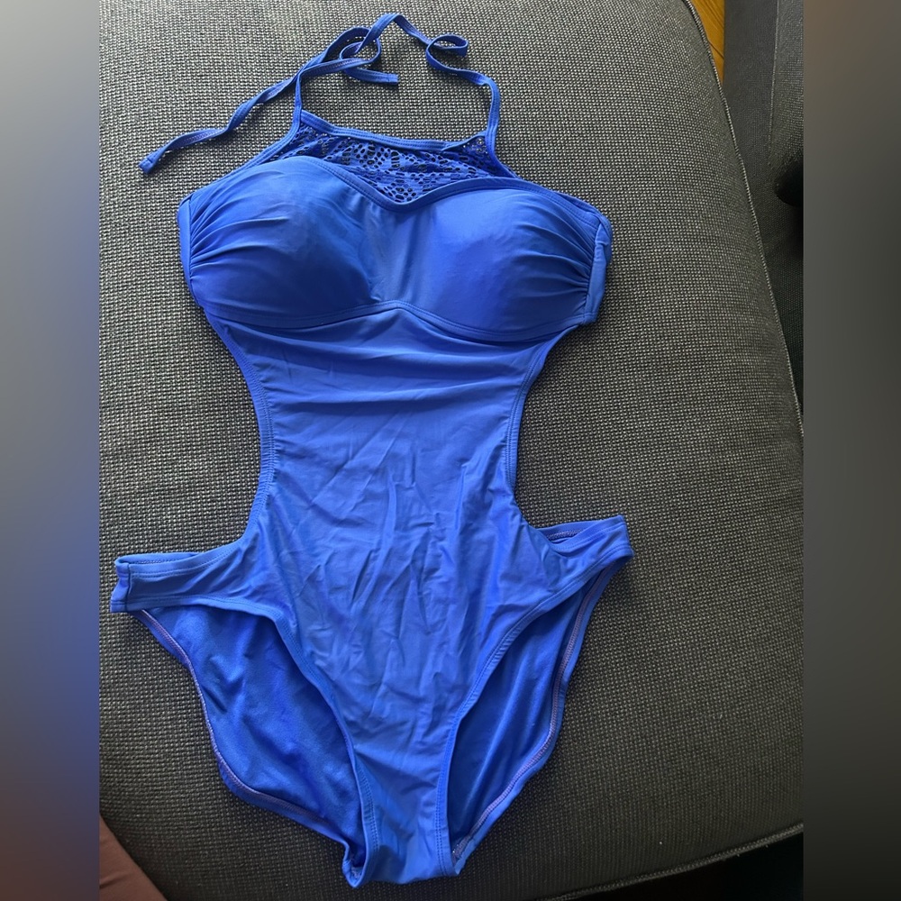 Royal Blue Lace Trim Halter One Piece